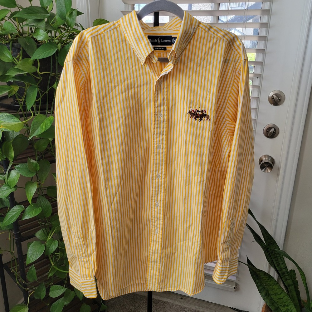 VTG Ralph Lauren Mens XL Classic Fit Yellow White Striped Multi Horse Logo Shirt